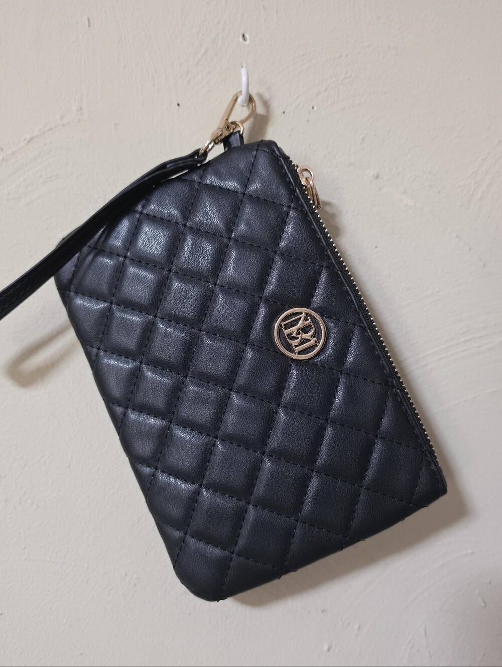 Badgley Mischka Quilted Black Wristlet Clutch with Gold Accent